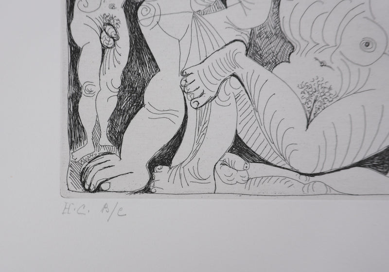 Pablo PICASSO : Les 156, Vieil homme et femme, avec un jeune athlète et un nain, Gravure originale signée
