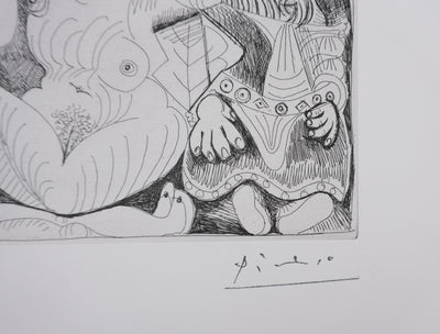 Pablo PICASSO : Les 156, Vieil homme et femme, avec un jeune athlète et un nain, Gravure originale signée