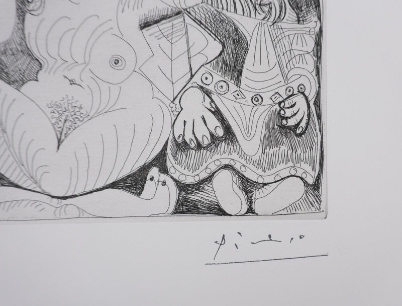 Pablo PICASSO : Les 156, Vieil homme et femme, avec un jeune athlète et un nain, Gravure originale signée