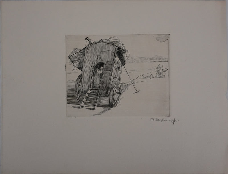Adolphe CIESLARCZYK : Voyage en roulotte à la plage, Gravure originale signée