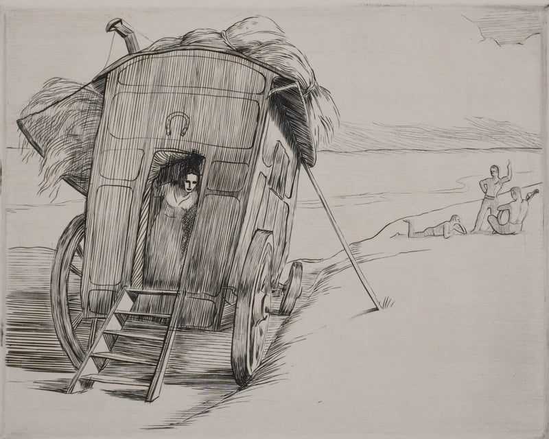 Adolphe CIESLARCZYK : Voyage en roulotte à la plage, Gravure originale signée