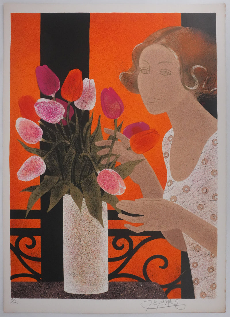 Yves GANNE : Le bouquet de tulipes, Lithographie originale signée