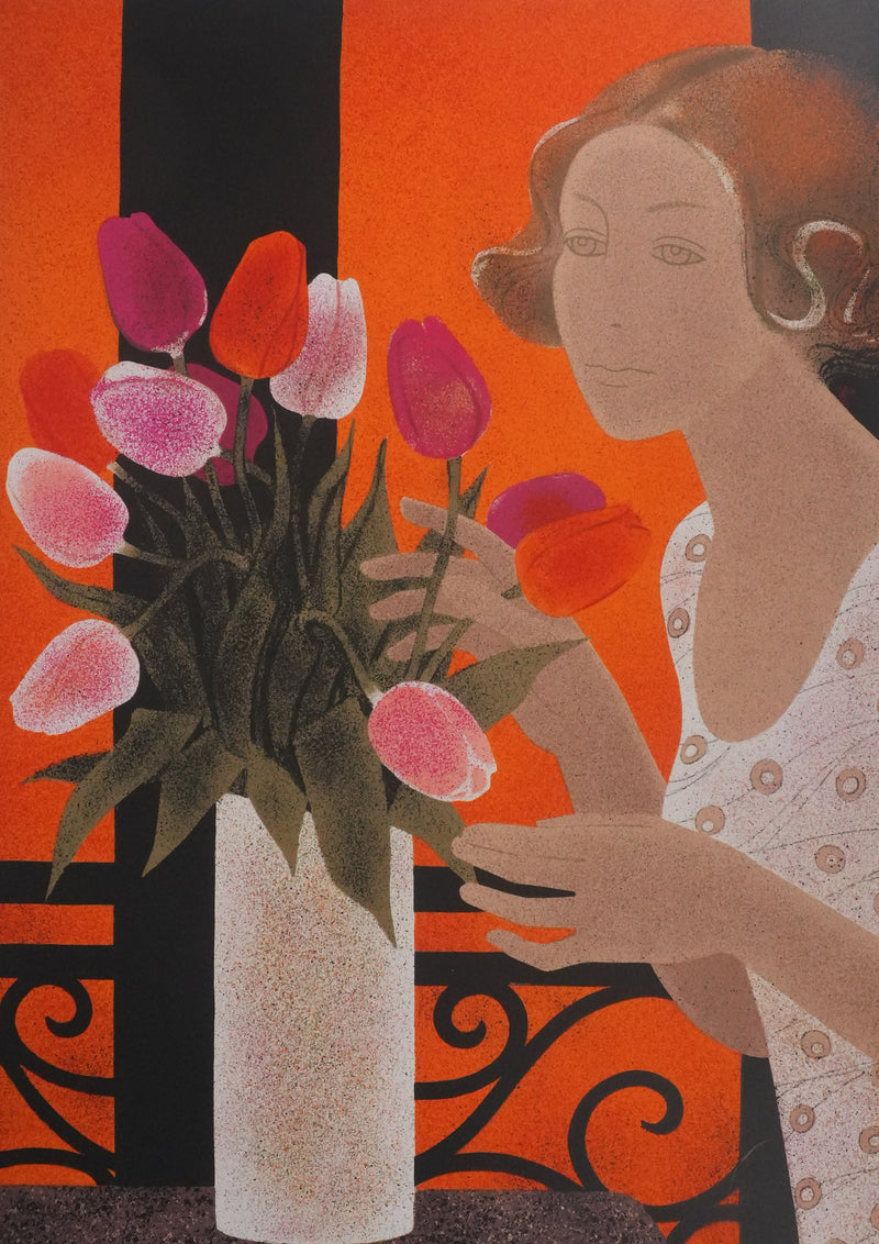 Yves GANNE : Le bouquet de tulipes, Lithographie originale signée