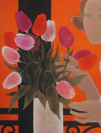 Yves GANNE : Le bouquet de tulipes, Lithographie originale signée