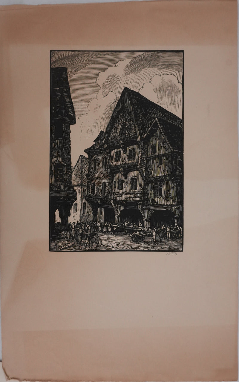 André VAHL : Le marché, Gravure originale signée