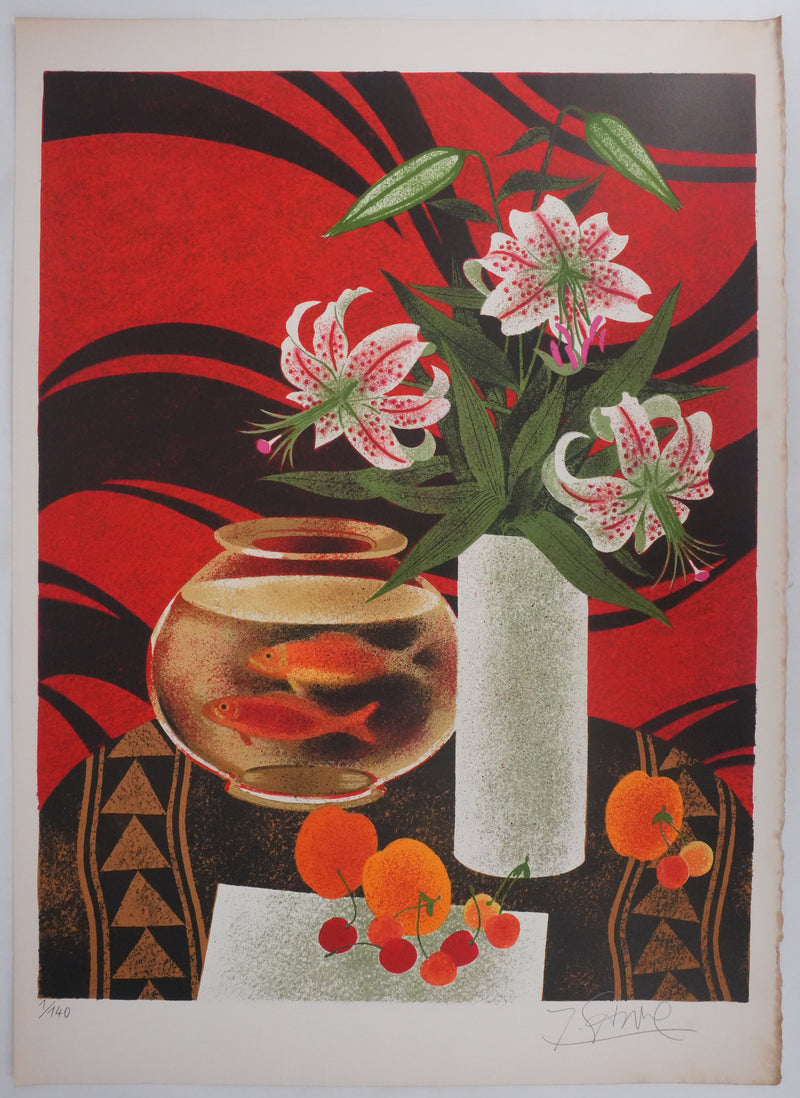 Yves GANNE : Fleurs de lys et poissons rouges, Lithographie originale signée