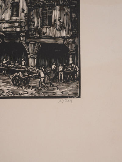 André VAHL : Le marché, Gravure originale signée