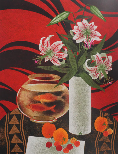 Yves GANNE : Fleurs de lys et poissons rouges, Lithographie originale signée