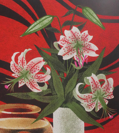 Yves GANNE : Fleurs de lys et poissons rouges, Lithographie originale signée