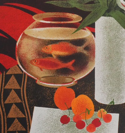 Yves GANNE : Fleurs de lys et poissons rouges, Lithographie originale signée