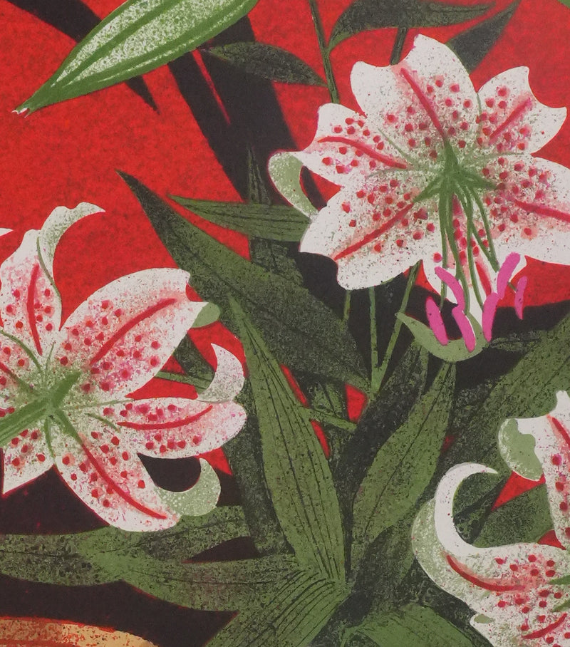 Yves GANNE : Fleurs de lys et poissons rouges, Lithographie originale signée