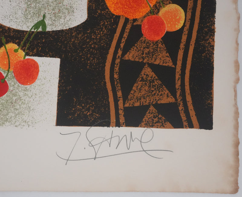 Yves GANNE : Fleurs de lys et poissons rouges, Lithographie originale signée