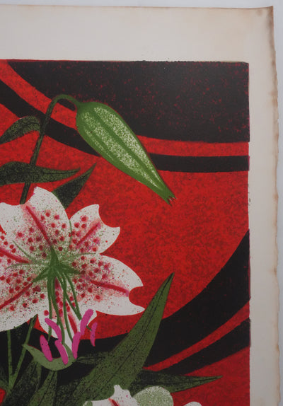 Yves GANNE : Fleurs de lys et poissons rouges, Lithographie originale signée