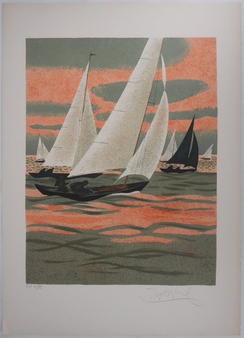 Yves GANNE : Navigation au coucher de soleil, Lithographie originale signée