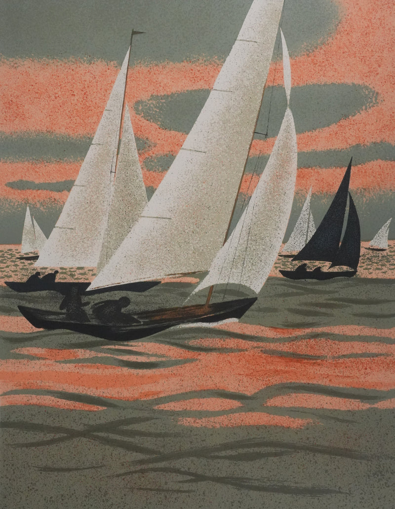 Yves GANNE : Navigation au coucher de soleil, Lithographie originale signée