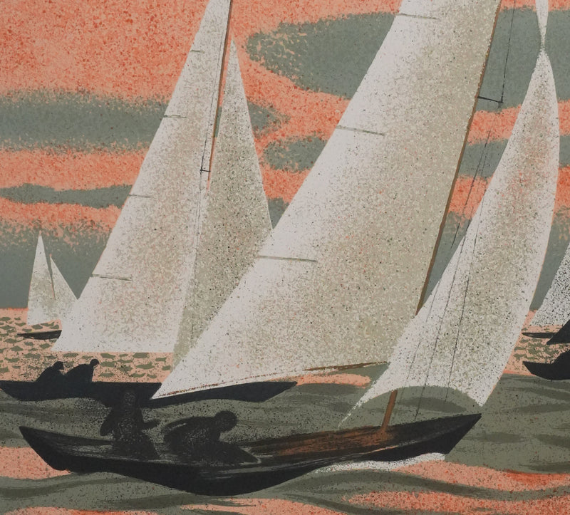 Yves GANNE : Navigation au coucher de soleil, Lithographie originale signée