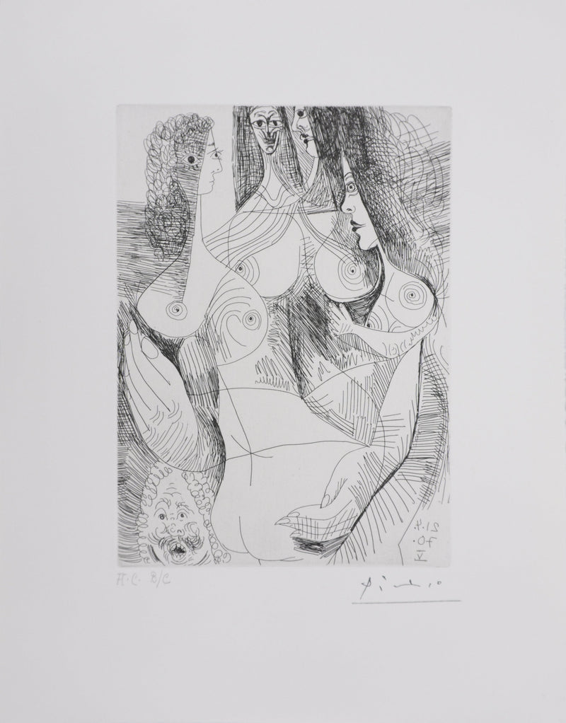 Pablo PICASSO : Les 156, Quatre femmes et tête rembranesque, Gravure originale signée