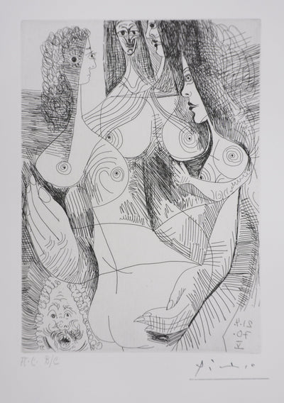 Pablo PICASSO : Les 156, Quatre femmes et tête rembranesque, Gravure originale signée