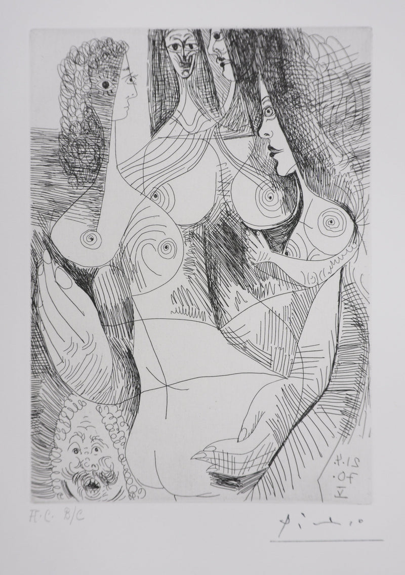 Pablo PICASSO : Les 156, Quatre femmes et tête rembranesque, Gravure originale signée