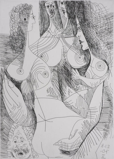 Pablo PICASSO : Les 156, Quatre femmes et tête rembranesque, Gravure originale signée