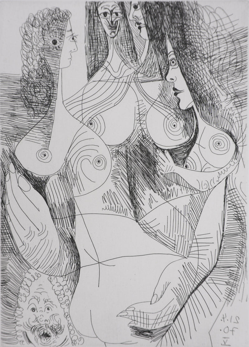 Pablo PICASSO : Les 156, Quatre femmes et tête rembranesque, Gravure originale signée
