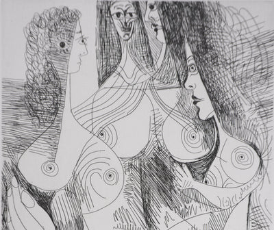 Pablo PICASSO : Les 156, Quatre femmes et tête rembranesque, Gravure originale signée
