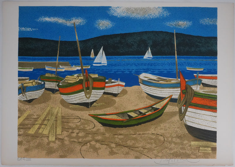 Yves GANNE : Barques au repos, Lithographie originale signée