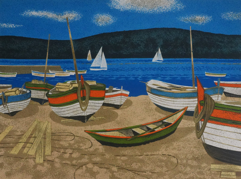 Yves GANNE : Barques au repos, Lithographie originale signée