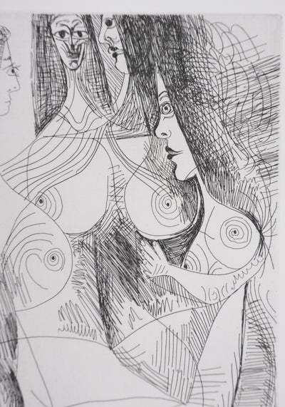 Pablo PICASSO : Les 156, Quatre femmes et tête rembranesque, Gravure originale signée