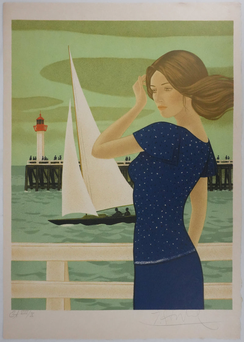 Yves GANNE : Jeune femme devant le voilier II, Lithographie originale signée
