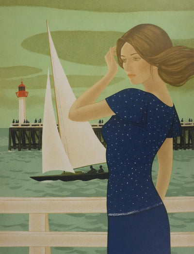 Yves GANNE : Jeune femme devant le voilier II, Lithographie originale signée