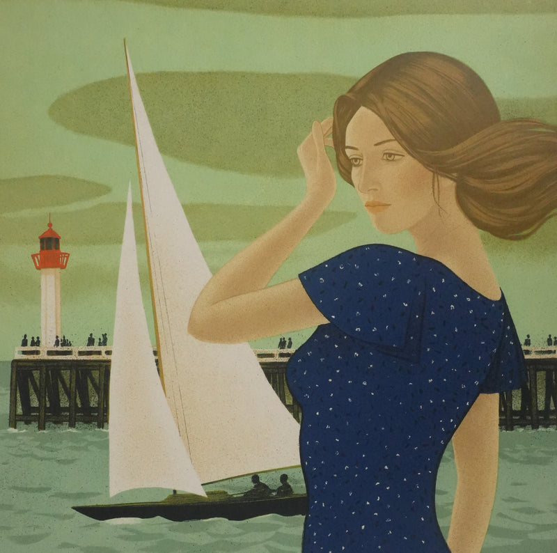Yves GANNE : Jeune femme devant le voilier II, Lithographie originale signée