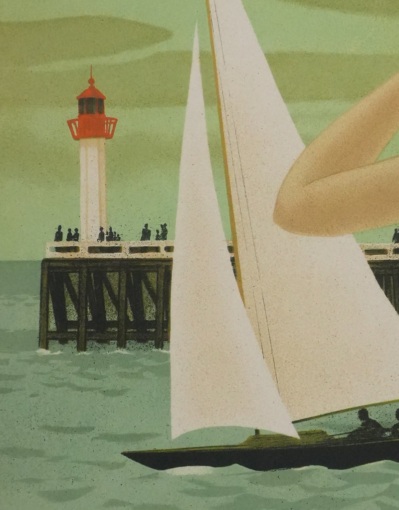 Yves GANNE : Jeune femme devant le voilier II, Lithographie originale signée