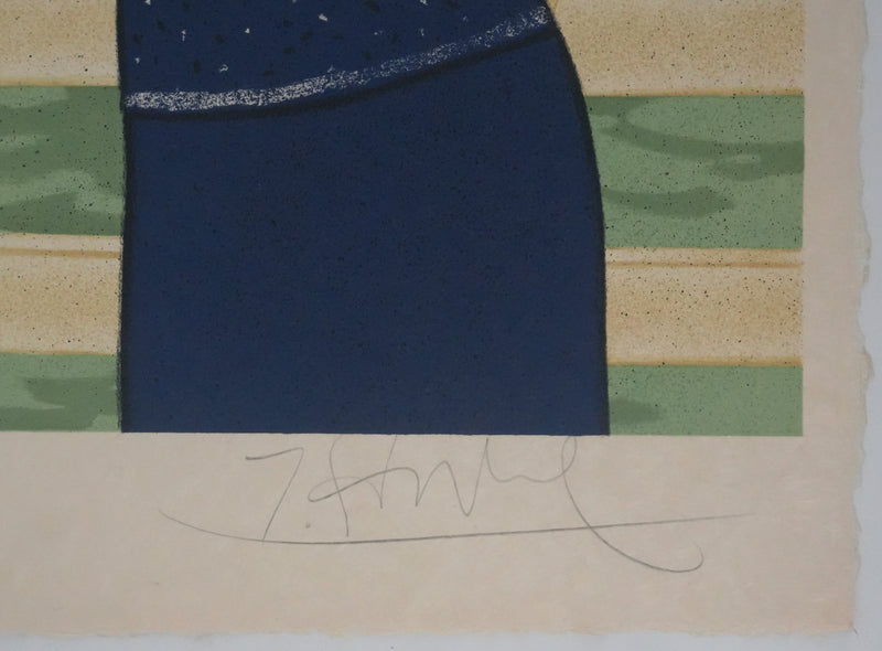 Yves GANNE : Jeune femme devant le voilier II, Lithographie originale signée