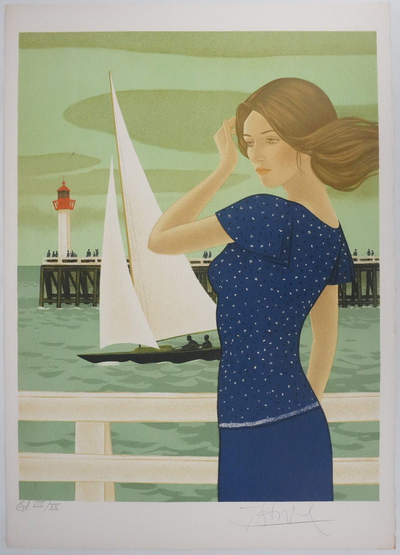 Yves GANNE : Jeune femme devant le voilier, Lithographie originale signée