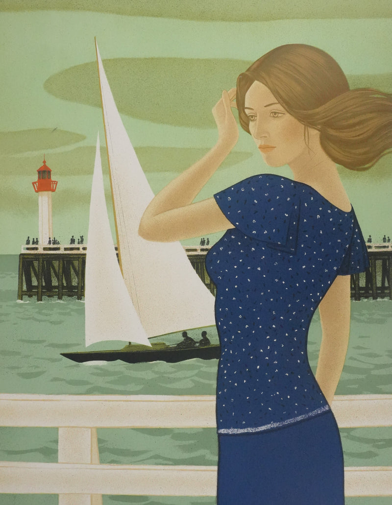 Yves GANNE : Jeune femme devant le voilier, Lithographie originale signée