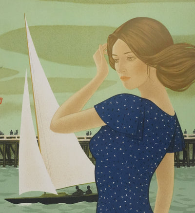 Yves GANNE : Jeune femme devant le voilier, Lithographie originale signée