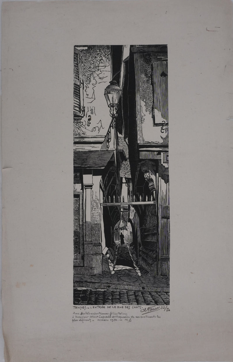 Charles FAVET : La rue des chats à Troyes, Gravure originale signée