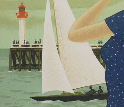 Yves GANNE : Jeune femme devant le voilier, Lithographie originale signée