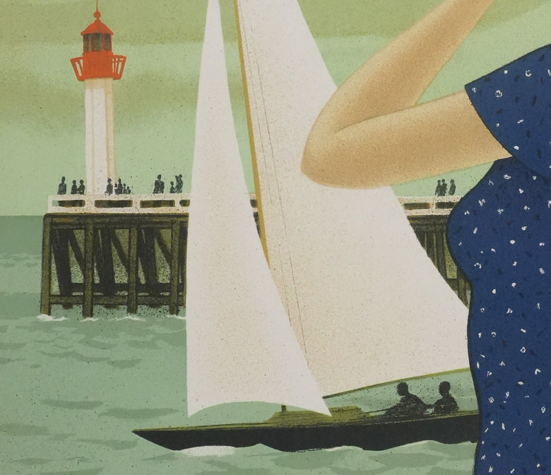 Yves GANNE : Jeune femme devant le voilier, Lithographie originale signée