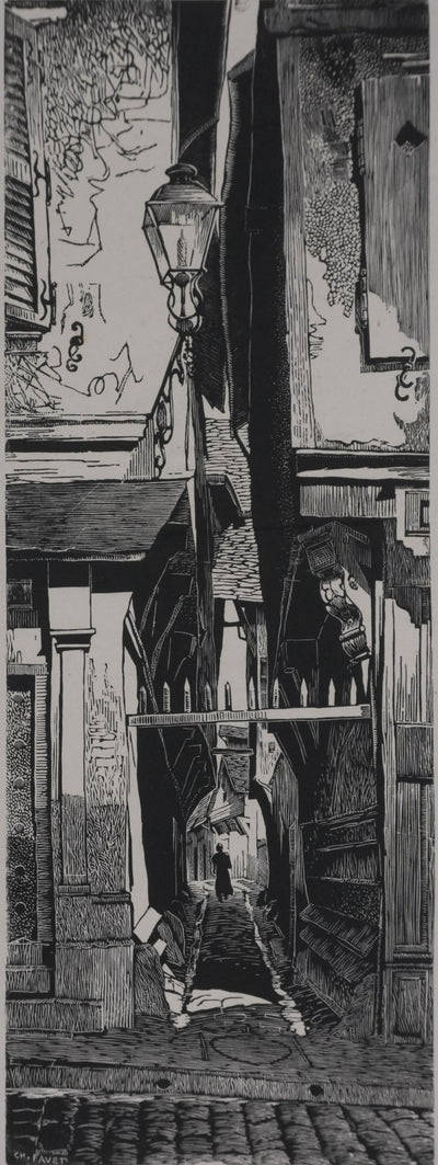 Charles FAVET : La rue des chats à Troyes, Gravure originale signée