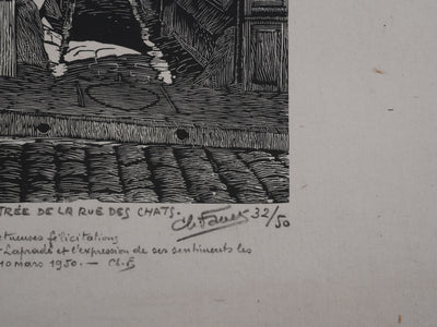 Charles FAVET : La rue des chats à Troyes, Gravure originale signée