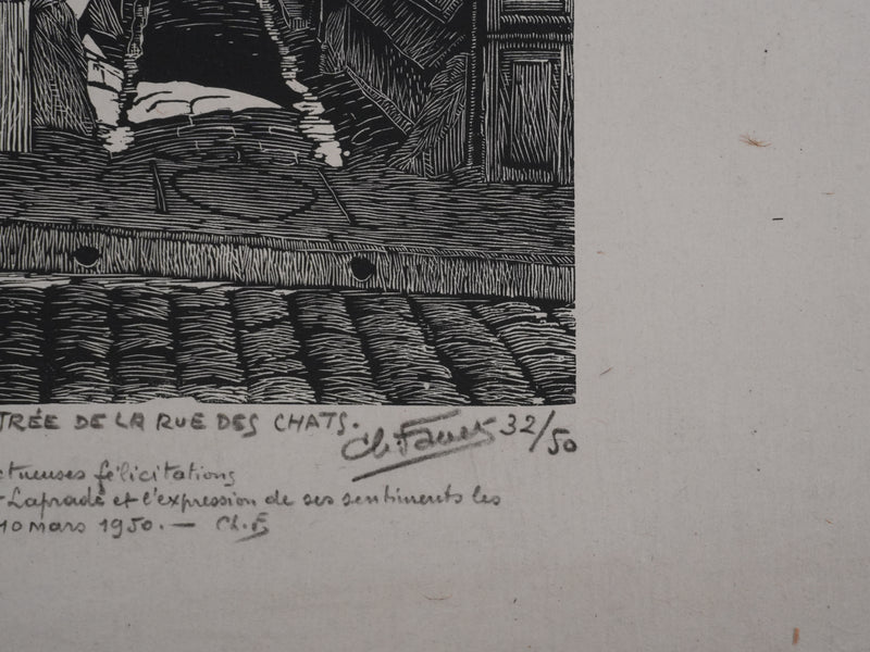 Charles FAVET : La rue des chats à Troyes, Gravure originale signée