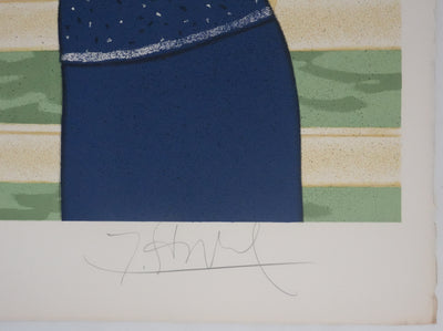 Yves GANNE : Jeune femme devant le voilier, Lithographie originale signée