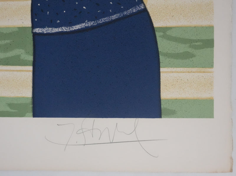 Yves GANNE : Jeune femme devant le voilier, Lithographie originale signée