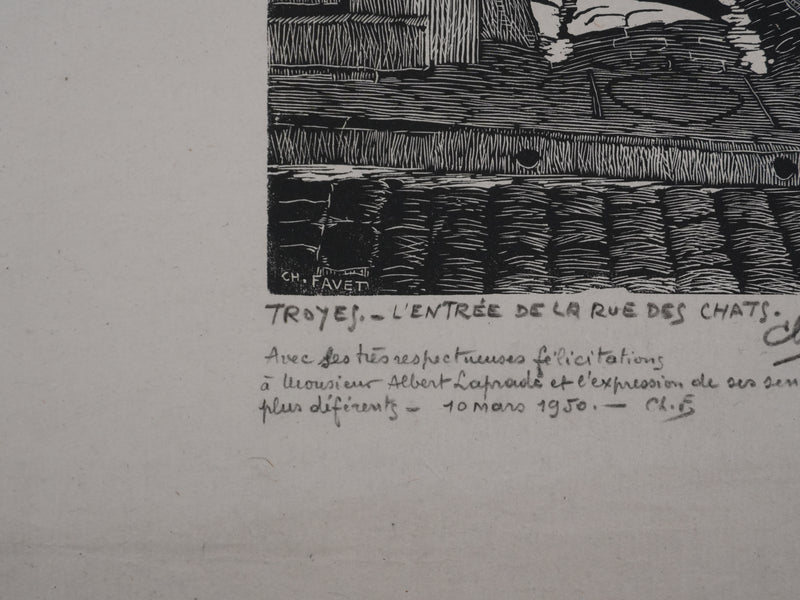 Charles FAVET : La rue des chats à Troyes, Gravure originale signée