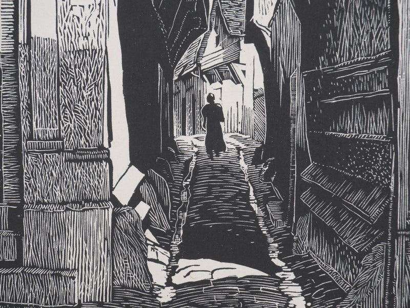 Charles FAVET : La rue des chats à Troyes, Gravure originale signée