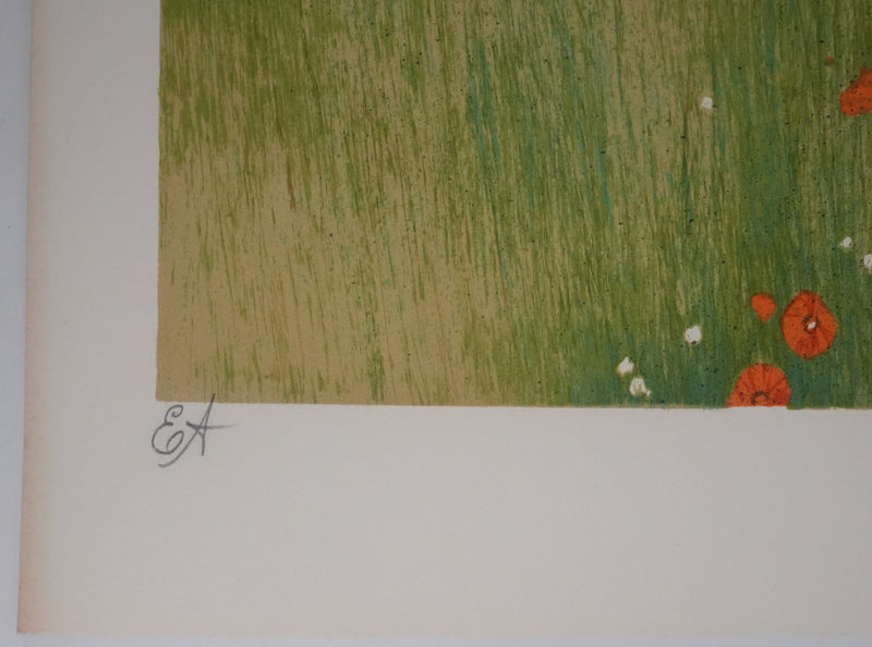 Yves GANNE : Balade à travers les coquelicots, Lithographie originale signée