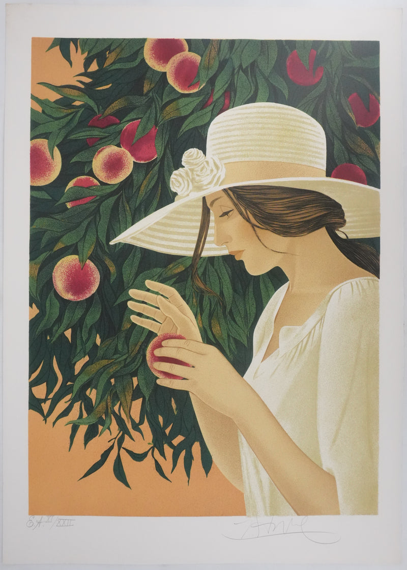 Yves GANNE : La cueillette des pêches, Lithographie originale signée