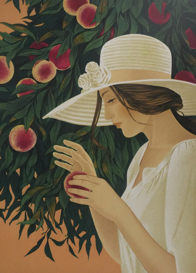 Yves GANNE : La cueillette des pêches, Lithographie originale signée